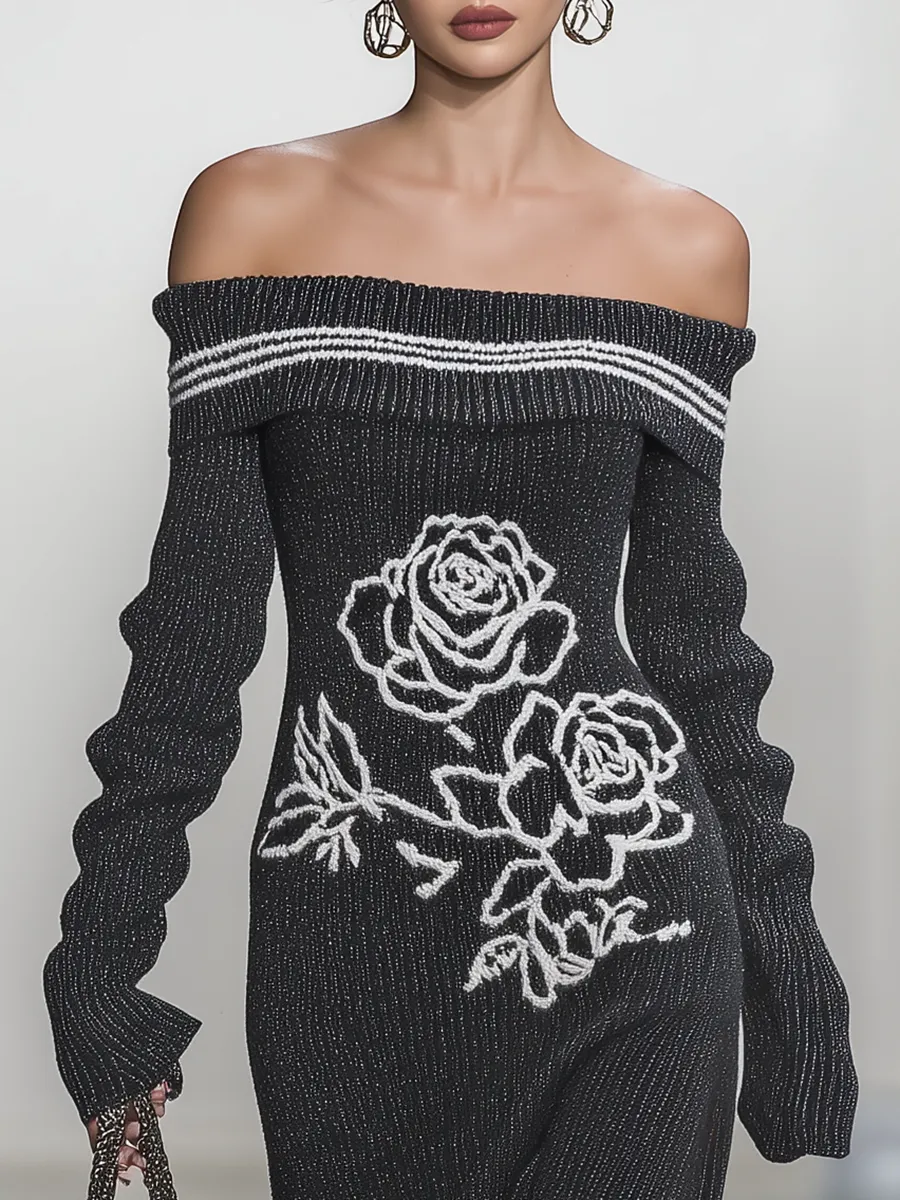 Elegant Off-the-shoulder Rose Pattern Knitted Maxi Dress sold by Oyrosy product image thumbnail 3