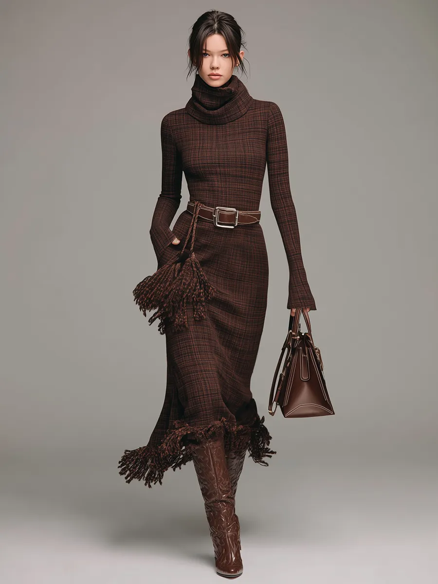 Retro Western Style High Neck Long Sleeve Plaid Tassel Maxi Dress sold by Oyrosy product image thumbnail 2