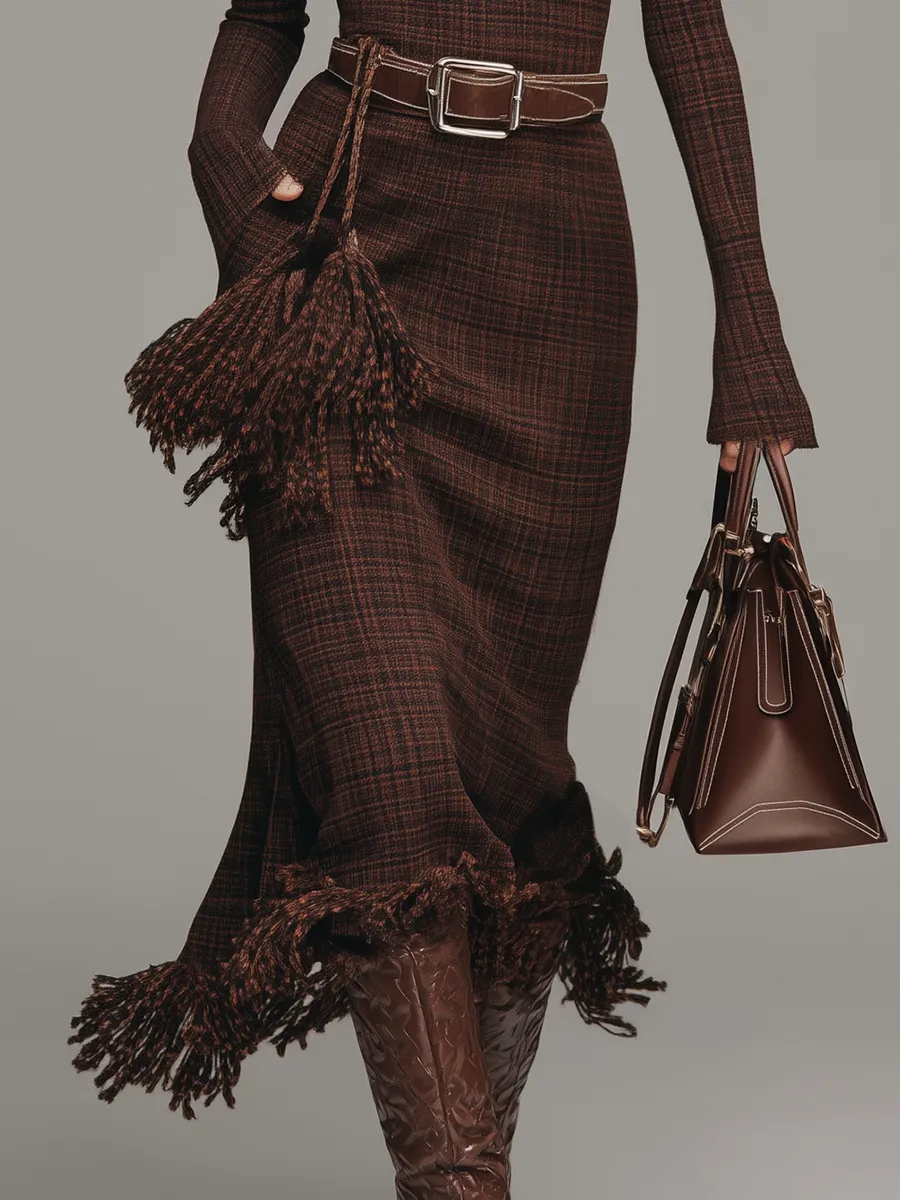 Retro Western Style High Neck Long Sleeve Plaid Tassel Maxi Dress sold by Oyrosy product image thumbnail 4