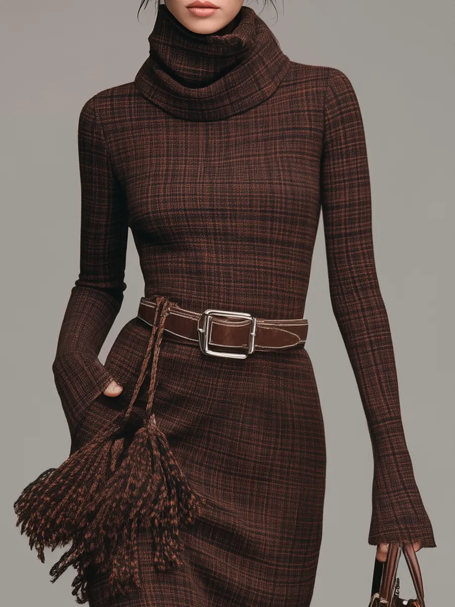 Retro Western Style High Neck Long Sleeve Plaid Tassel Maxi Dress sold by Oyrosy product image thumbnail 3