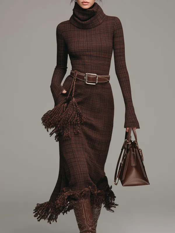 Retro Western Style High Neck Long Sleeve Plaid Tassel Maxi Dress sold by Oyrosy