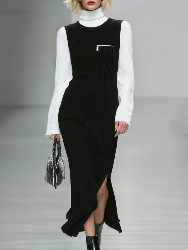 Simple Contrast Color High Collar Long Sleeve Fake Two Piece Knit Dress sold by Oyrosy