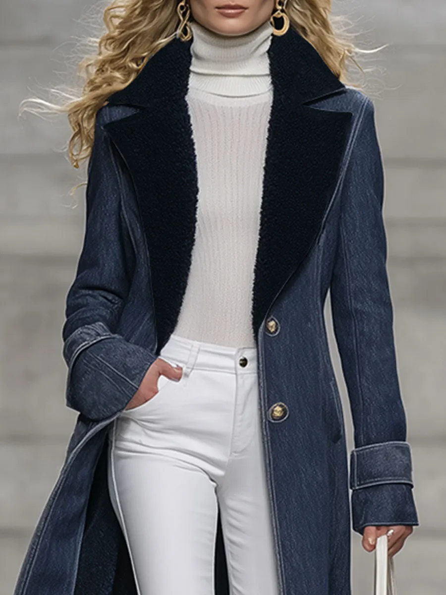 Casual Vintage Polar Fleece-Lined Navy Blue Denim Coat sold by Oyrosy product image thumbnail 3