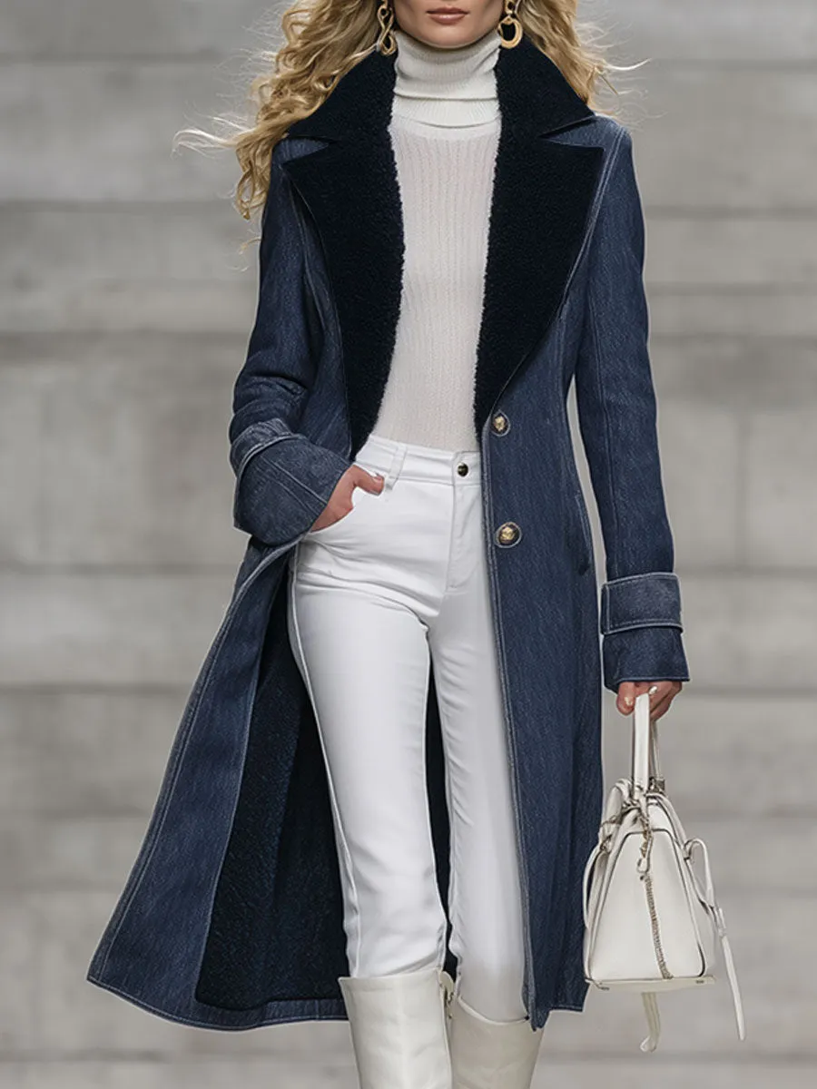 Casual Vintage Polar Fleece-Lined Navy Blue Denim Coat sold by Oyrosy