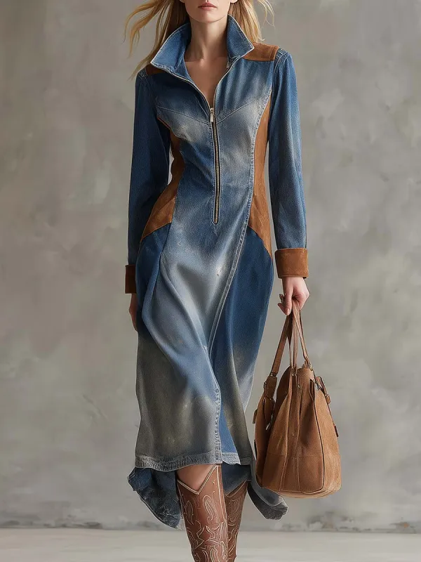 Vintage Western Distressed Lapel Front Zipper Brown Suede Stitching Blue Denim Midi Dress sold by Oyrosy