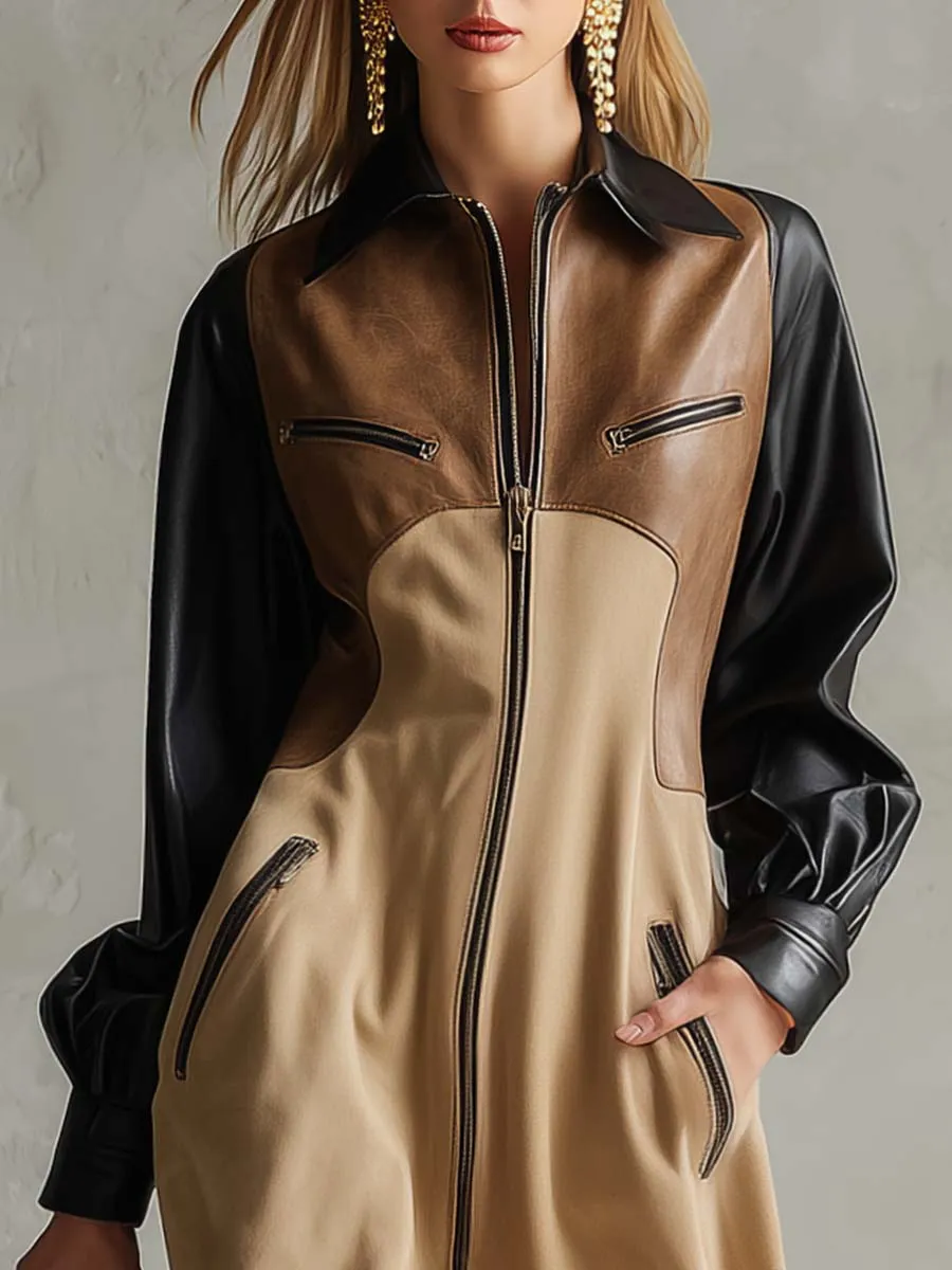 Vintage Fashion Lapel Front Zipper Black And Brown Contrast Stitching Khaki Suede Hem Slit Midi Dress sold by Oyrosy product image thumbnail 3