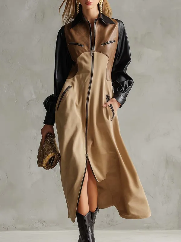 Vintage Fashion Lapel Front Zipper Black And Brown Contrast Stitching Khaki Suede Hem Slit Midi Dress sold by Oyrosy