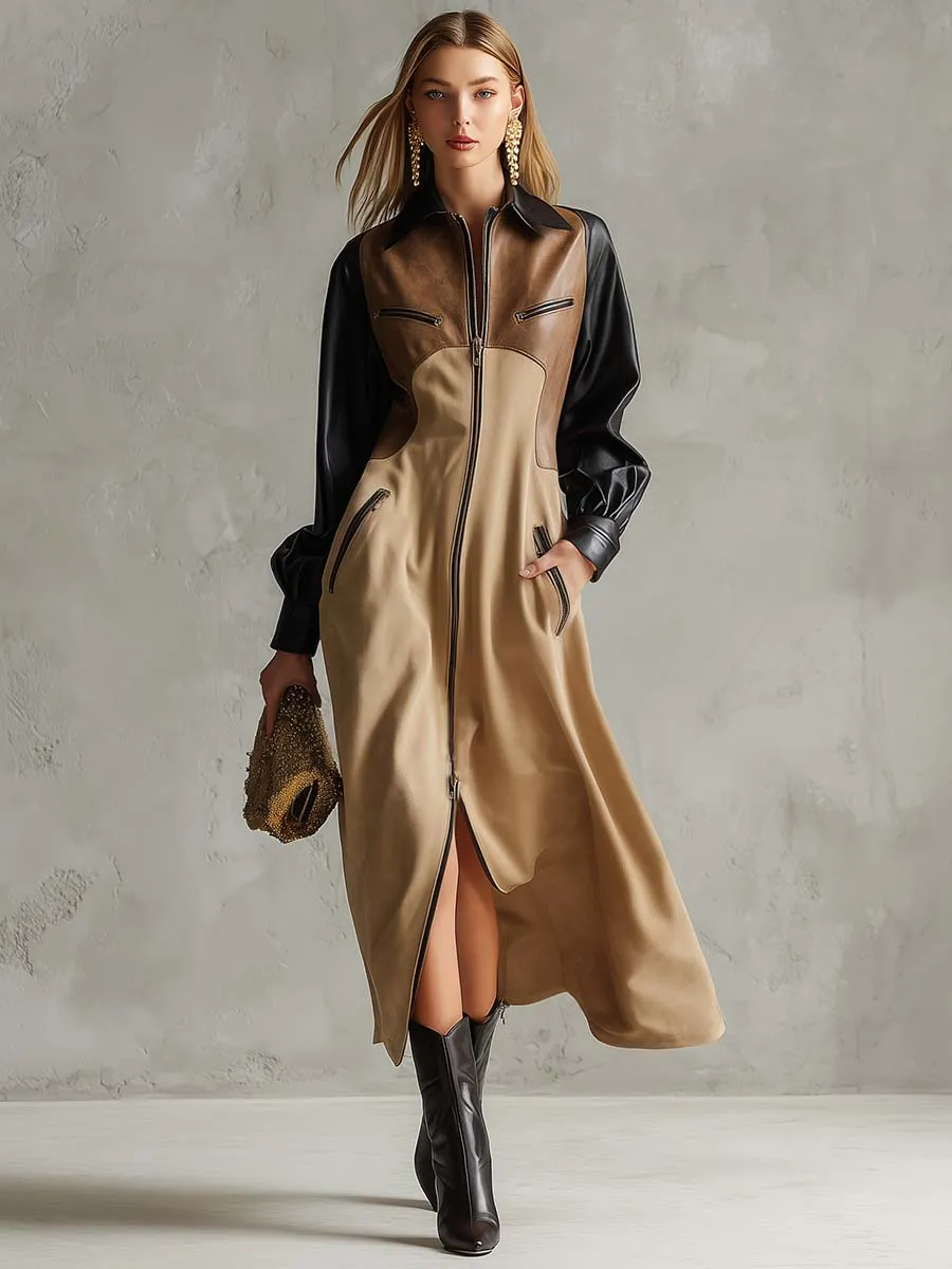Vintage Fashion Lapel Front Zipper Black And Brown Contrast Stitching Khaki Suede Hem Slit Midi Dress sold by Oyrosy product image thumbnail 2