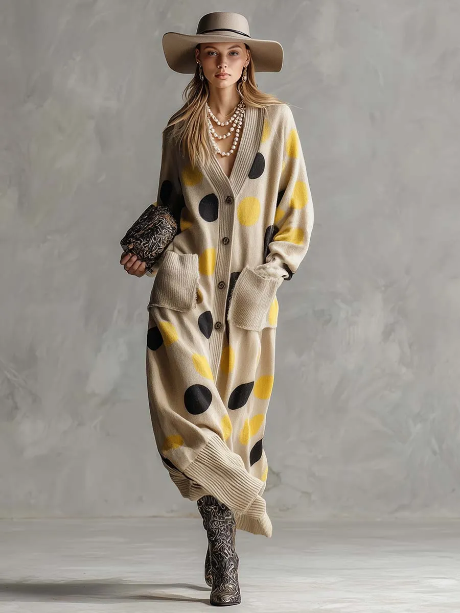 Vintage Fashion V-neck Front Button Yellow And Black Polka Dot Beige Knitted Dress Cardigan sold by Oyrosy product image thumbnail 2