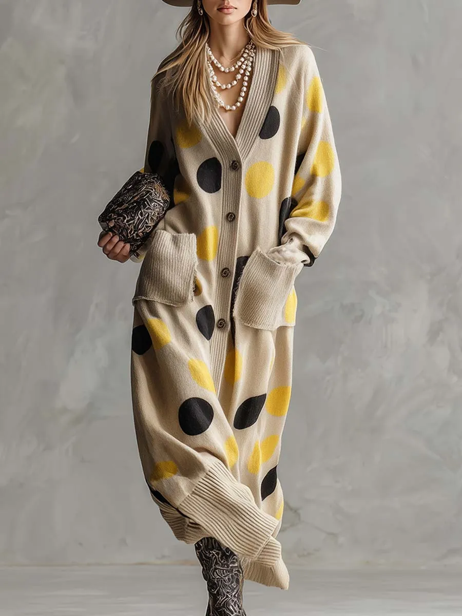 Vintage Fashion V-neck Front Button Yellow And Black Polka Dot Beige Knitted Dress Cardigan sold by Oyrosy