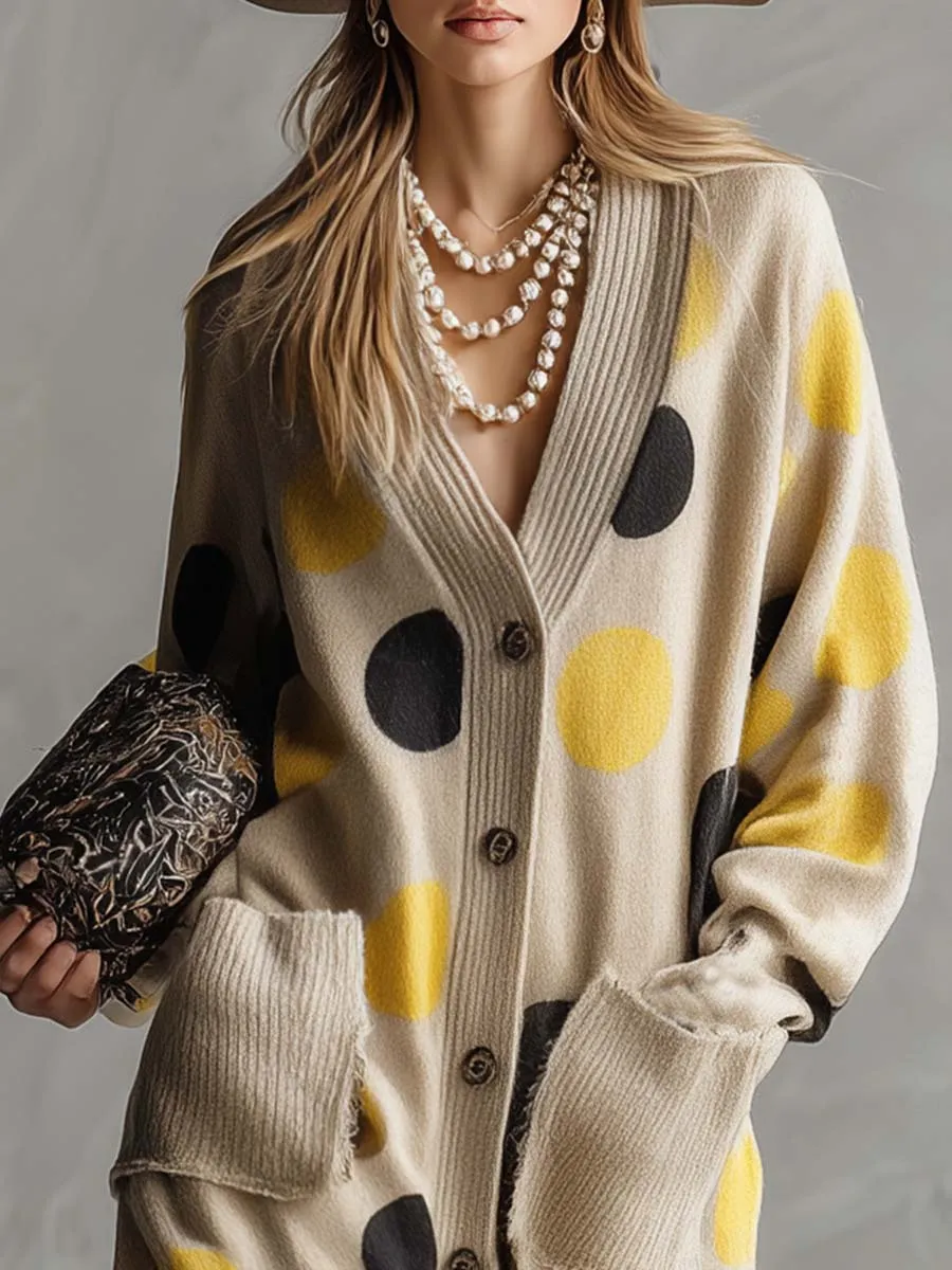 Vintage Fashion V-neck Front Button Yellow And Black Polka Dot Beige Knitted Dress Cardigan sold by Oyrosy product image thumbnail 3