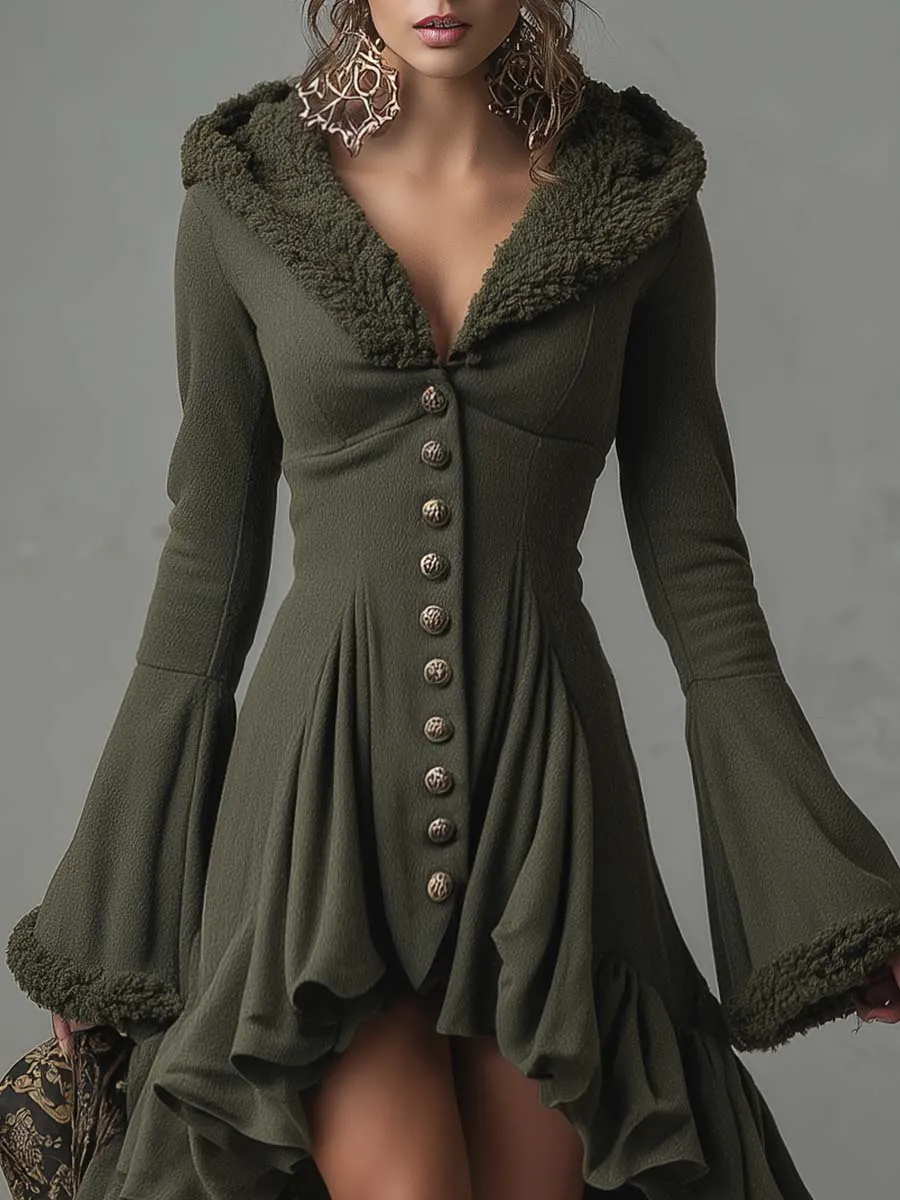 Elegant Retro Faux Fur Hooded Front Button High-low Lotus Leaf Hem Dark Green Cotton Maxi Dress sold by Oyrosy product image thumbnail 3