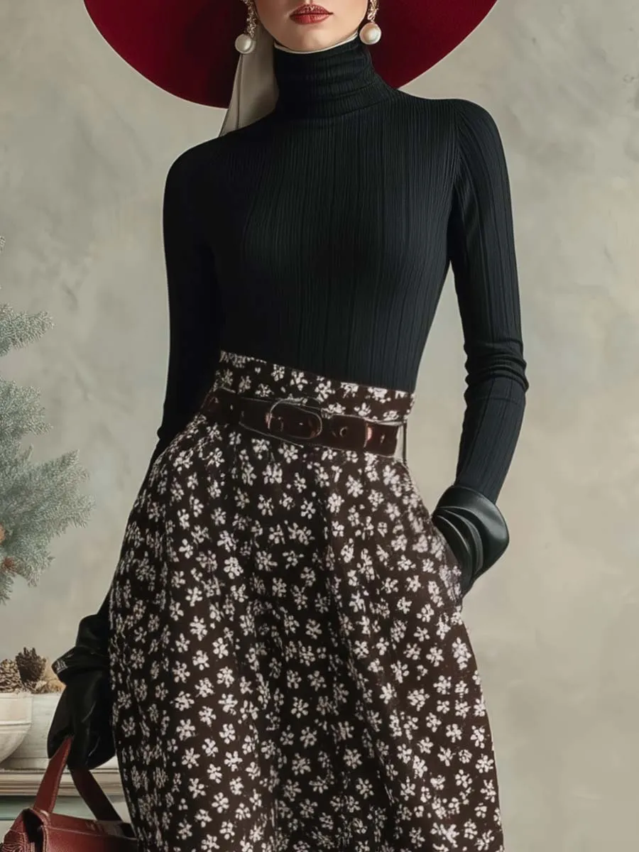 Elegant Retro Black Turtleneck Top And Brown Snowflake Print Long Skirt Set sold by Oyrosy product image thumbnail 4