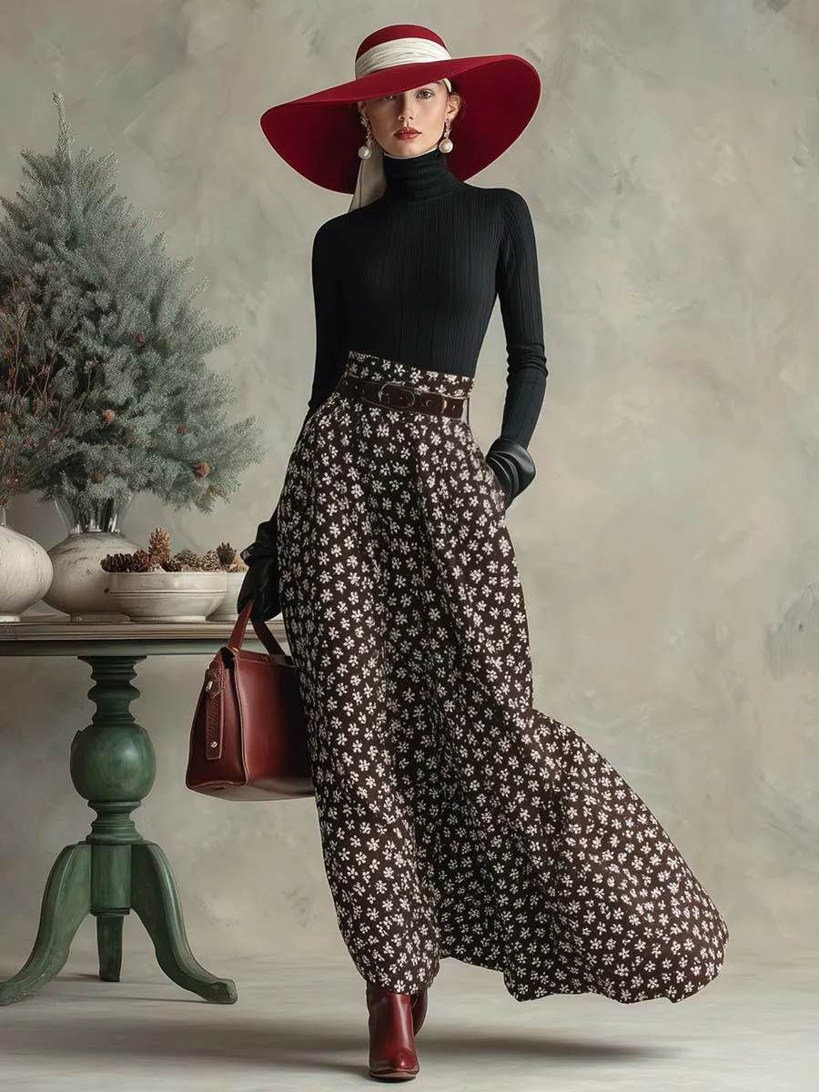 Elegant Retro Black Turtleneck Top And Brown Snowflake Print Long Skirt Set sold by Oyrosy product image thumbnail 2