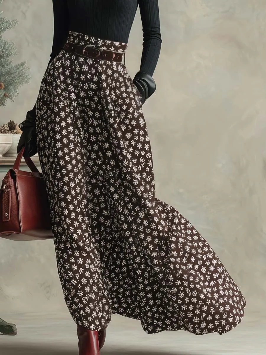 Elegant Retro Black Turtleneck Top And Brown Snowflake Print Long Skirt Set sold by Oyrosy product image thumbnail 3