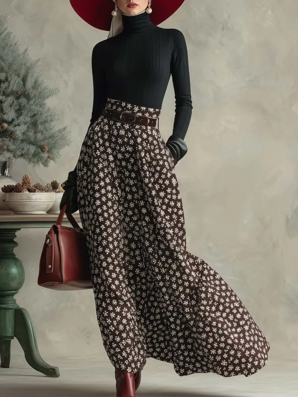 Elegant Retro Black Turtleneck Top And Brown Snowflake Print Long Skirt Set sold by Oyrosy