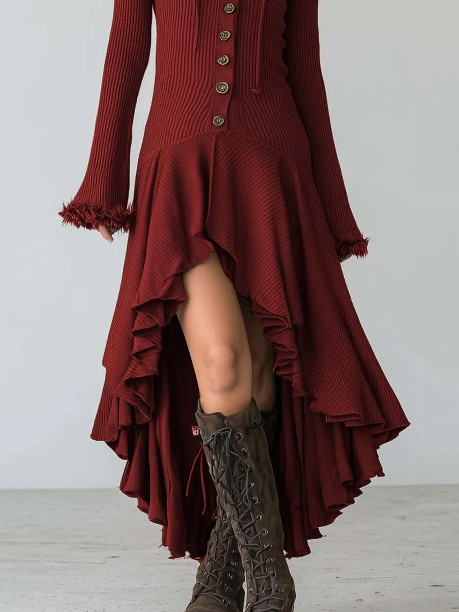 Elegant Retro Faux Fur Trim Hooded Front Button High-low Ruffle Hem Red Knitted Maxi Dress sold by Oyrosy product image thumbnail 4