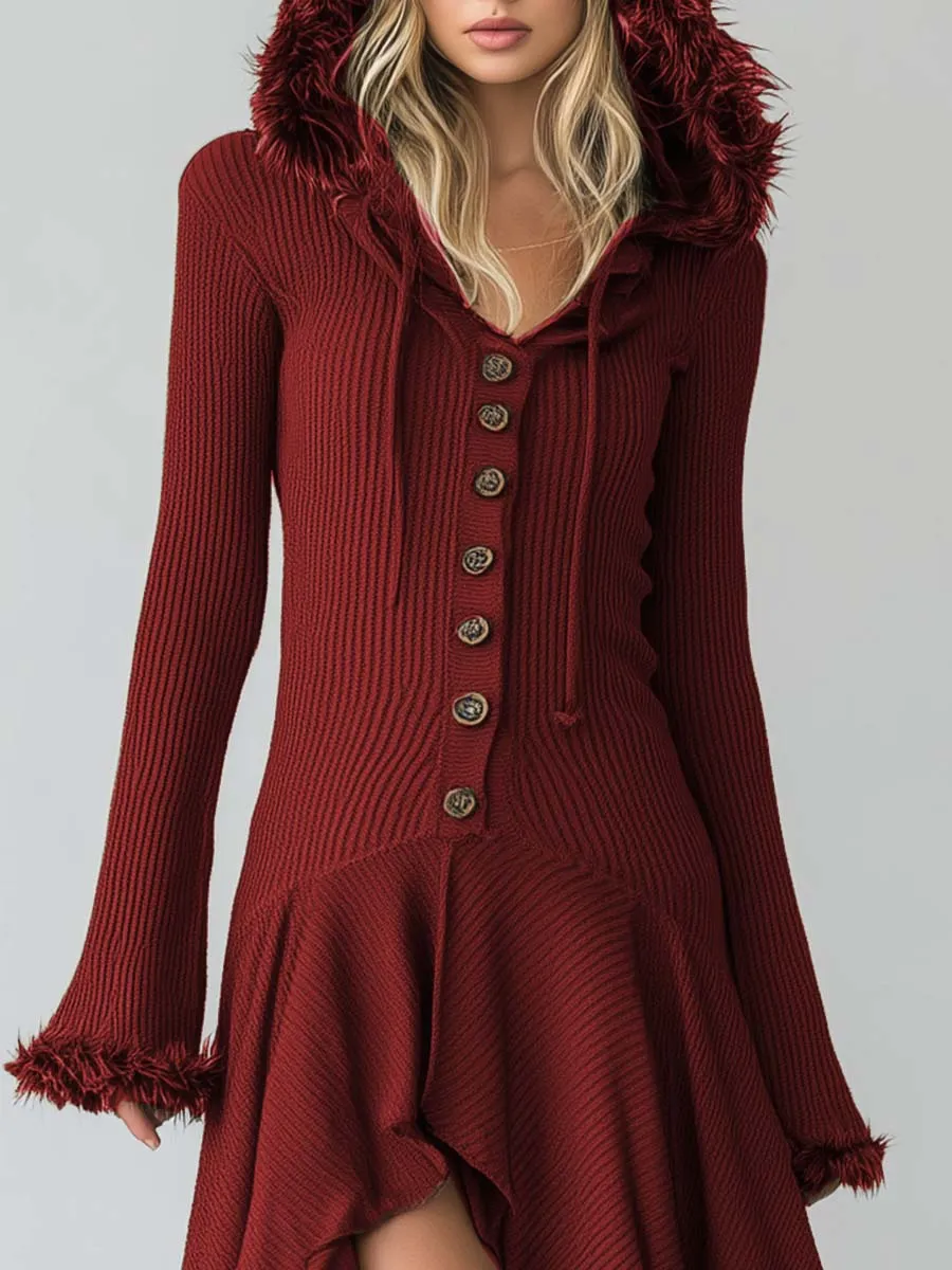 Elegant Retro Faux Fur Trim Hooded Front Button High-low Ruffle Hem Red Knitted Maxi Dress sold by Oyrosy product image thumbnail 3