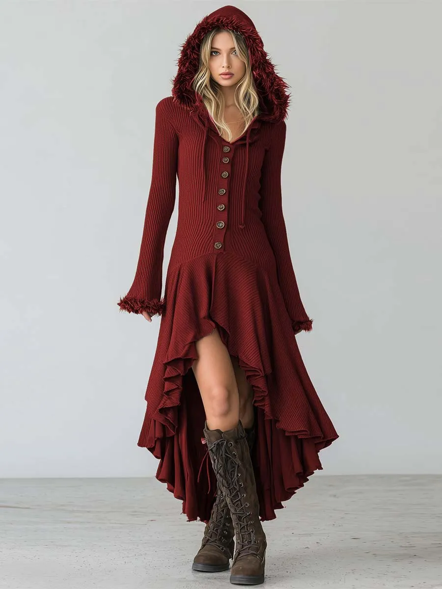 Elegant Retro Faux Fur Trim Hooded Front Button High-low Ruffle Hem Red Knitted Maxi Dress sold by Oyrosy