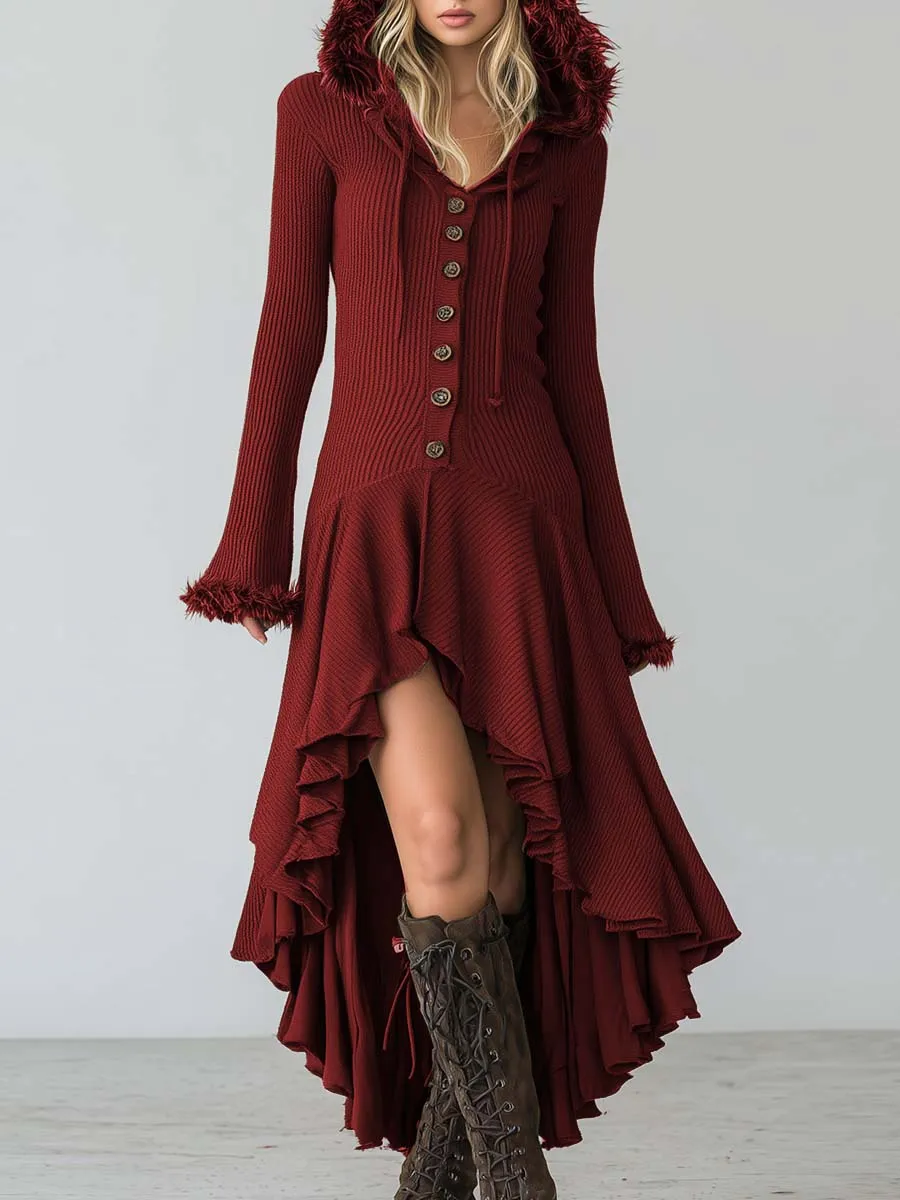 Elegant Retro Faux Fur Trim Hooded Front Button High-low Ruffle Hem Red Knitted Maxi Dress sold by Oyrosy product image thumbnail 2