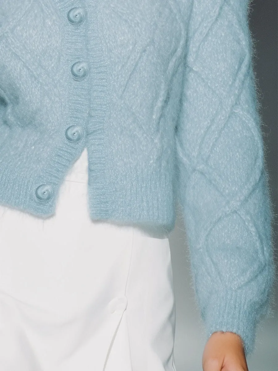 Blue Diamond Mohair Button-Down Cardigan With Brooch sold by Oyrosy product image thumbnail 3