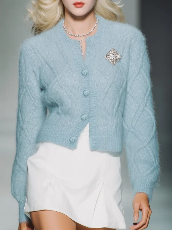 Blue Diamond Mohair Button-Down Cardigan With Brooch sold by Oyrosy