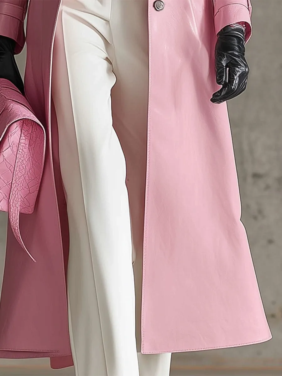 Elegant Pink Faux Leather Lapel Button Long Leather Coat sold by Oyrosy product image thumbnail 4
