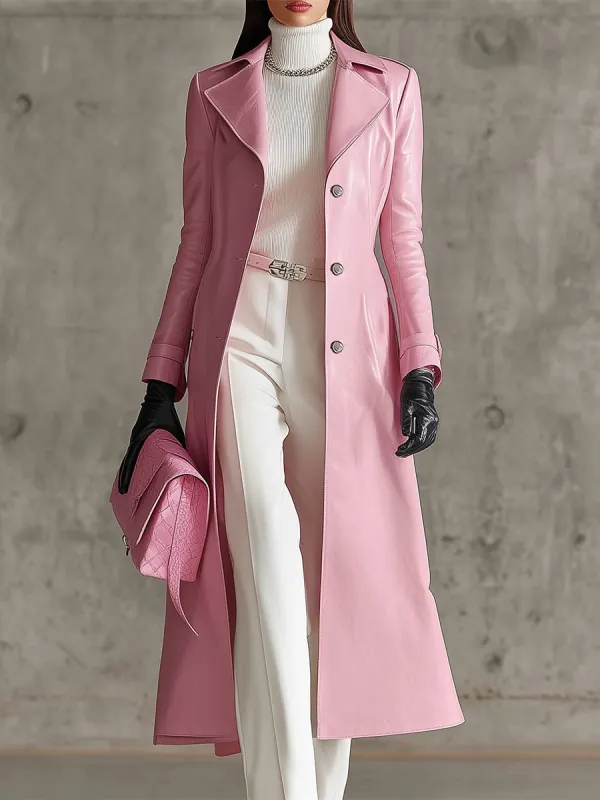 Elegant Pink Faux Leather Lapel Button Long Leather Coat sold by Oyrosy