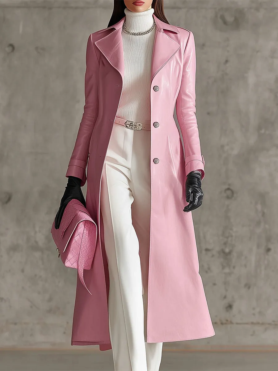 Elegant Pink Faux Leather Lapel Button Long Leather Coat sold by Oyrosy