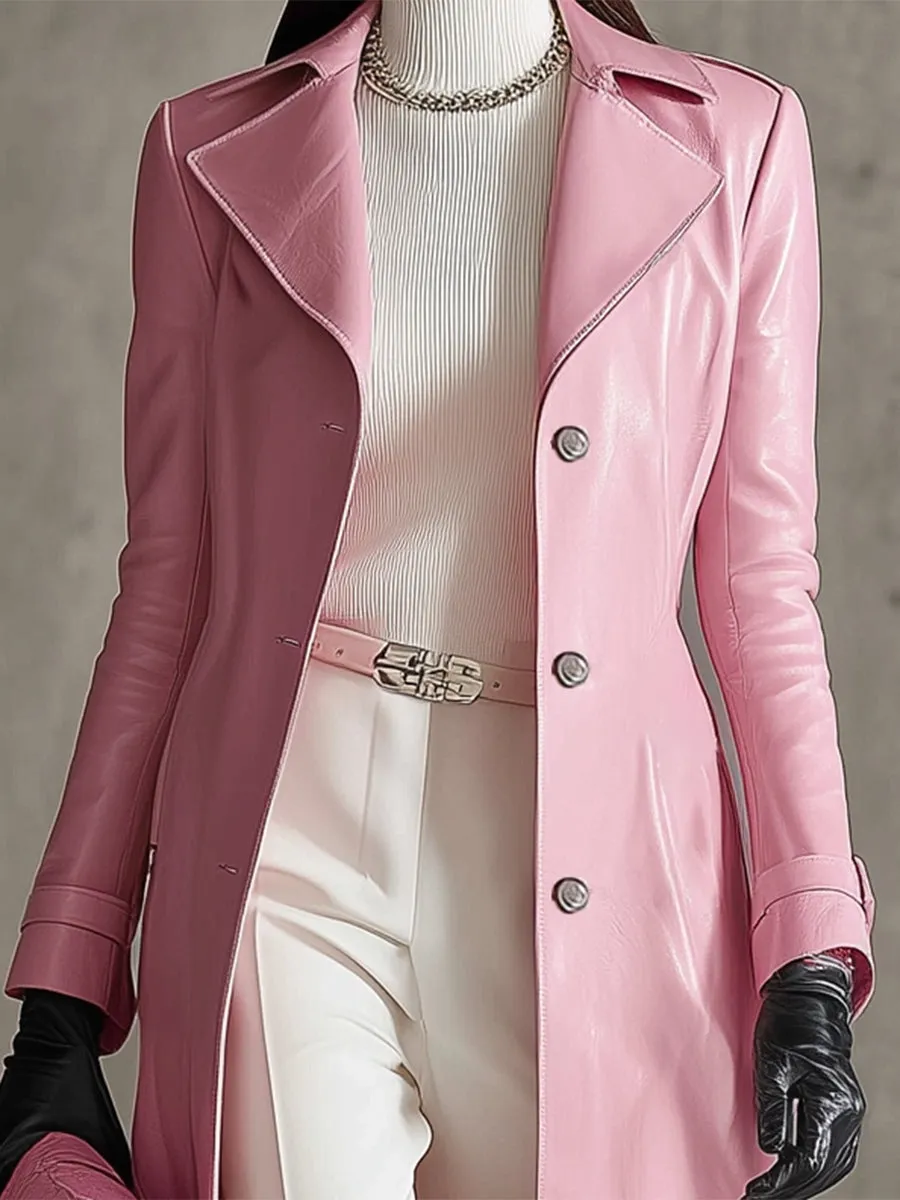 Elegant Pink Faux Leather Lapel Button Long Leather Coat sold by Oyrosy product image thumbnail 3