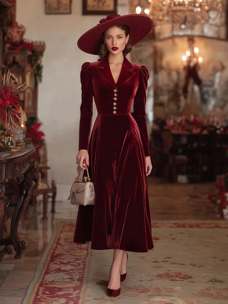 Elegant Red Velvet Button-down Leg-of-mutton Sleeve Maxi Dress sold by Oyrosy product image thumbnail 2