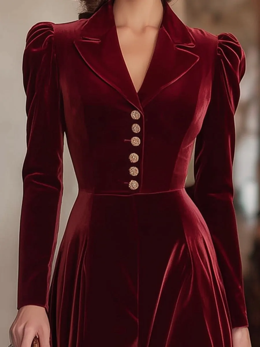Elegant Red Velvet Button-down Leg-of-mutton Sleeve Maxi Dress sold by Oyrosy product image thumbnail 4