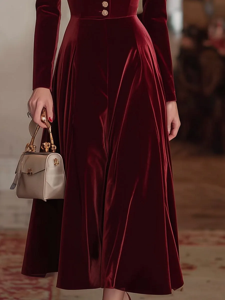 Elegant Red Velvet Button-down Leg-of-mutton Sleeve Maxi Dress sold by Oyrosy product image thumbnail 3