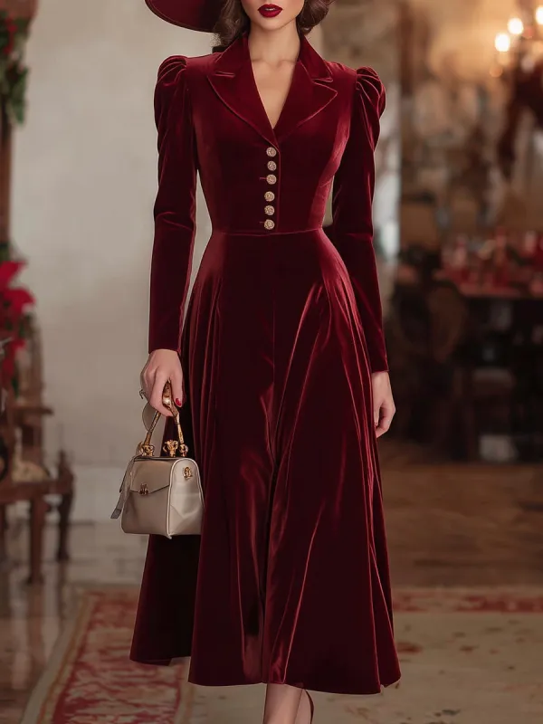 Elegant Red Velvet Button-down Leg-of-mutton Sleeve Maxi Dress sold by Oyrosy