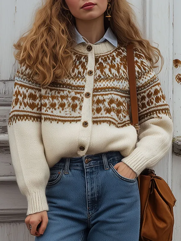 Vintage Beige Patchwork Western Pattern Wool Sweater sold by Oyrosy