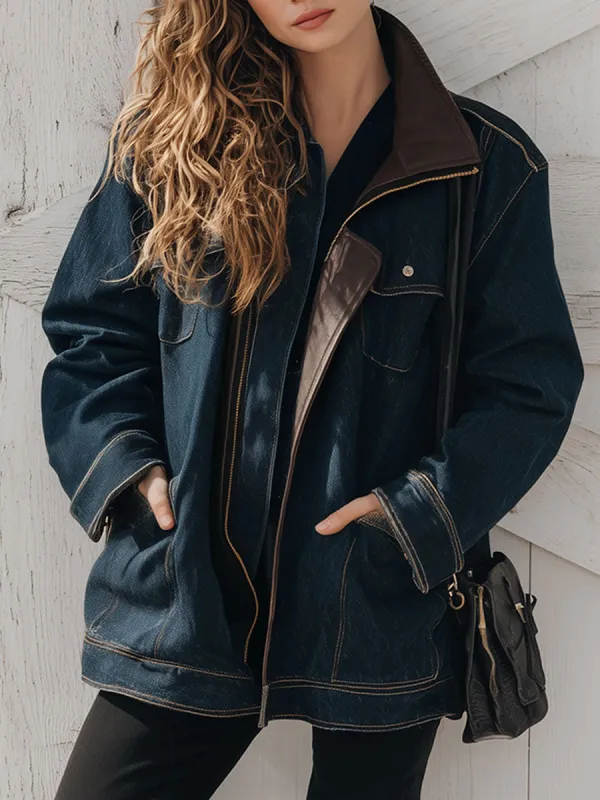 Vintage Faux Leather Collar Blue Denim Zipper Jacket sold by Oyrosy