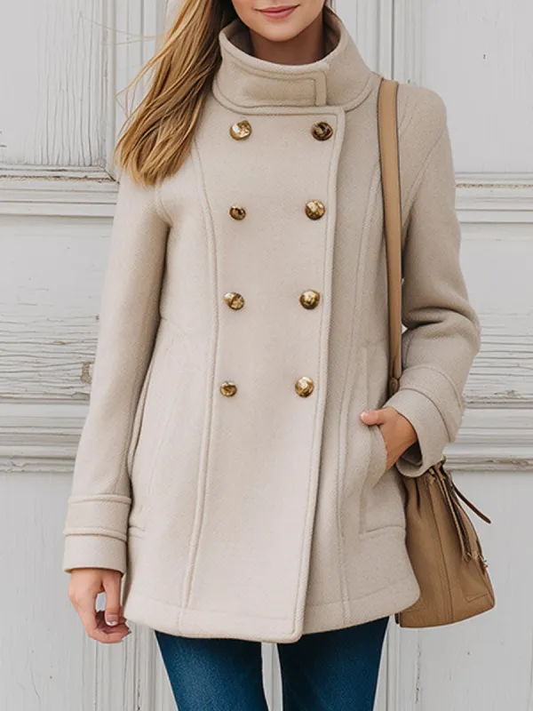 Elegant Urban Retro Light Khaki Stand Collar Wool Jacket sold by Oyrosy