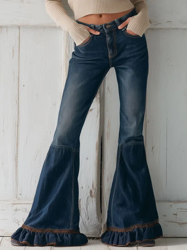 Western Retro Ruffled Dark Blue Flared Denim made by Oyrosy