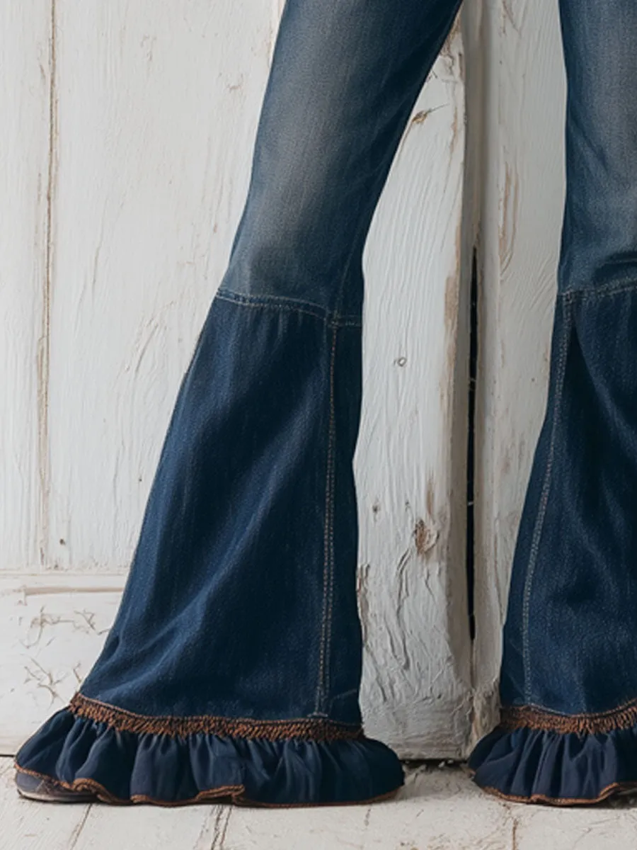 Western Retro Ruffled Dark Blue Flared Denim sold by Oyrosy product image thumbnail 4