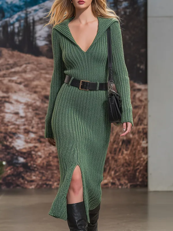 Casual And Fashionable Green Knitted Slit Midi Dress sold by Oyrosy