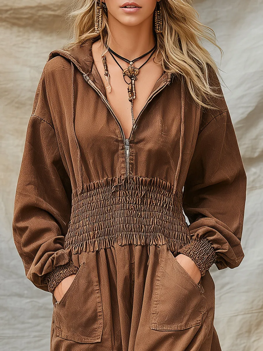 Retro Western Brown Denim Hooded Maxi Dress sold by Oyrosy product image thumbnail 3