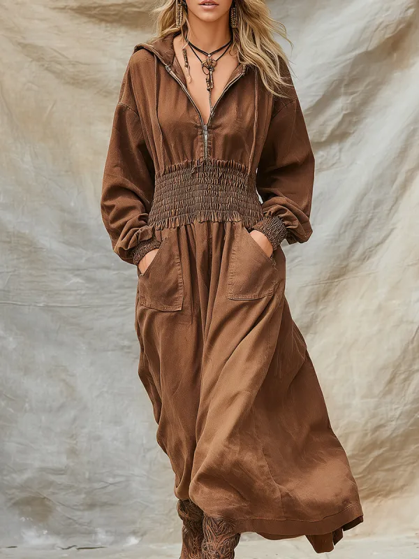 Retro Western Brown Denim Hooded Maxi Dress sold by Oyrosy