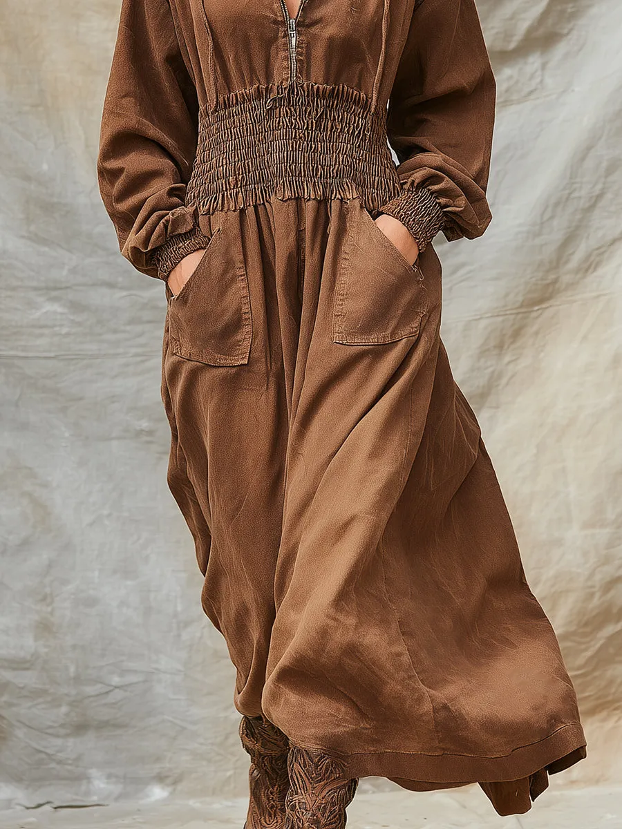 Retro Western Brown Denim Hooded Maxi Dress sold by Oyrosy product image thumbnail 4