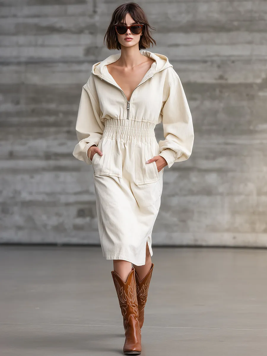 Casual Retro White Hooded Slit Midi Dress sold by Oyrosy product image thumbnail 2