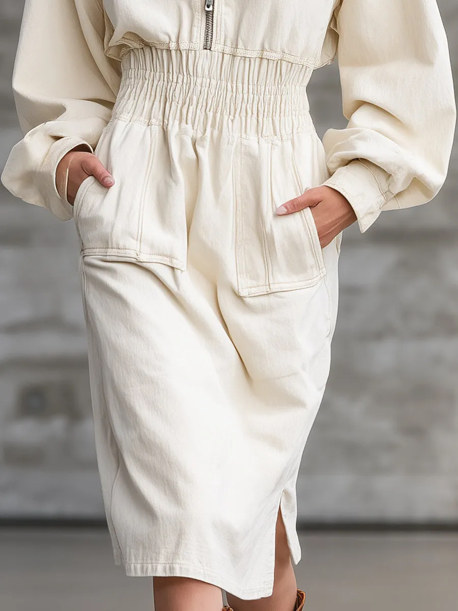 Casual Retro White Hooded Slit Midi Dress sold by Oyrosy product image thumbnail 4