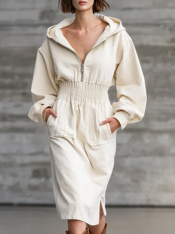 Casual Retro White Hooded Slit Midi Dress sold by Oyrosy