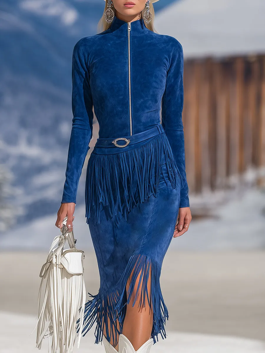 Vintage Casual Blue Faux Suede Zipper Tassel Midi Dress sold by Oyrosy