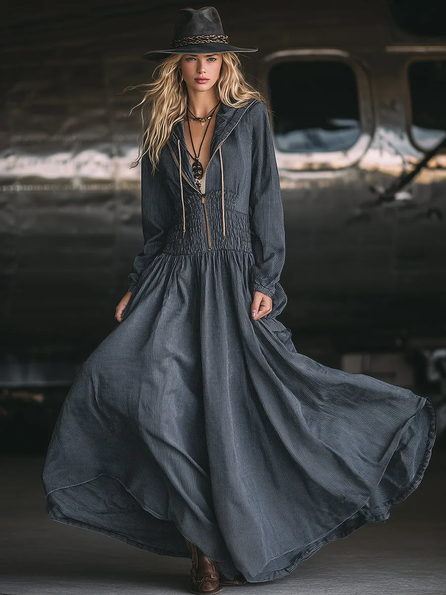 Retro Casual Dark Gray Striped Hooded Zipper Maxi Dress sold by Oyrosy product image thumbnail 2