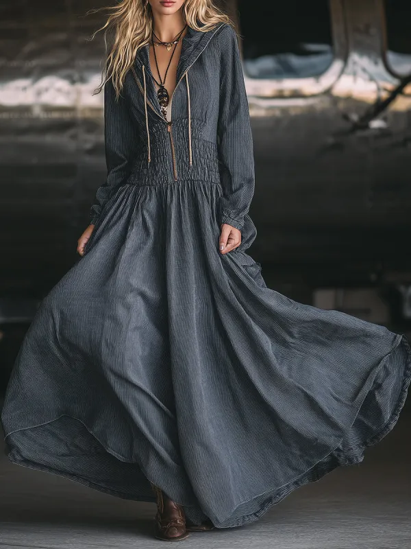 Retro Casual Dark Gray Striped Hooded Zipper Maxi Dress sold by Oyrosy