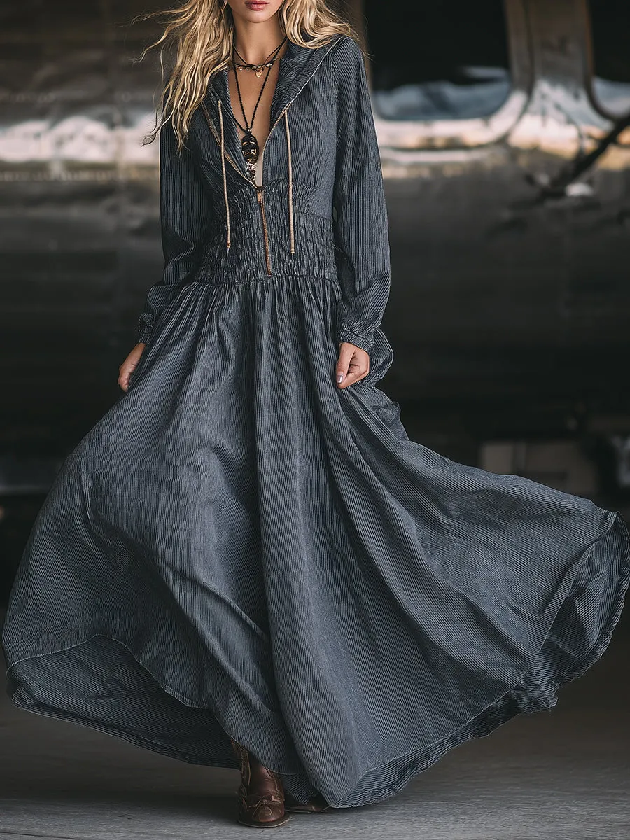 Retro Casual Dark Gray Striped Hooded Zipper Maxi Dress sold by Oyrosy